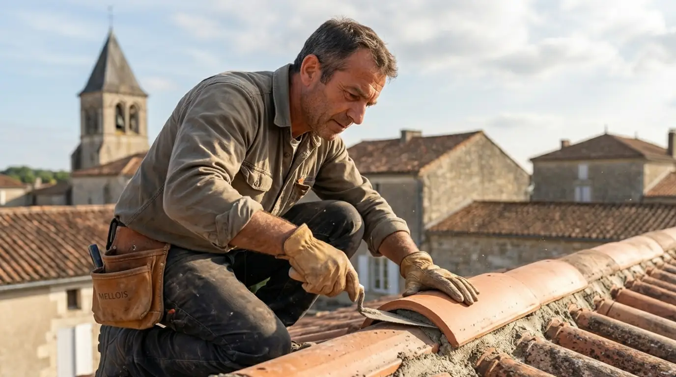Un couvreur artisan de Melle finissant méticuleusement un faîtage sur un toit en tuiles