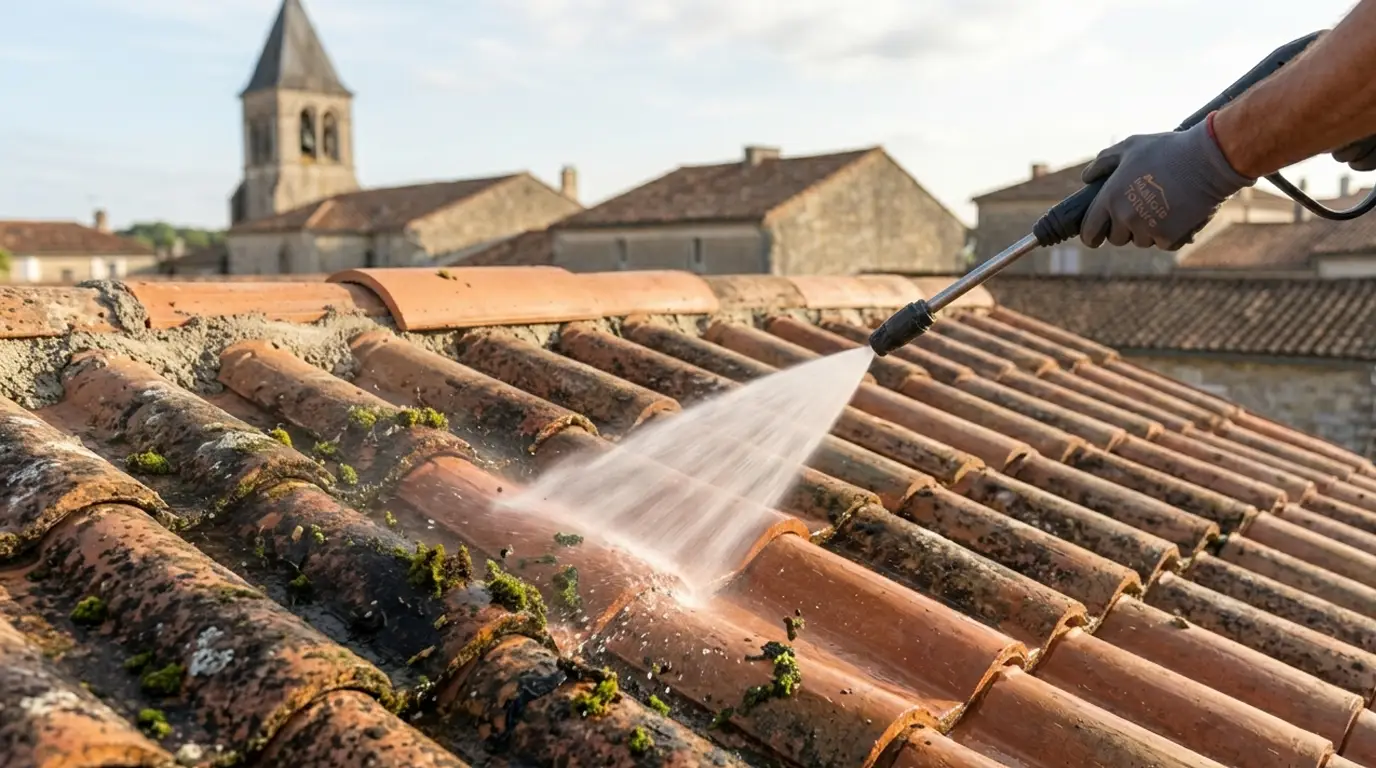 Action de nettoyage basse pression sur tuiles